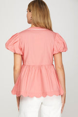 Bow Detail Puff Sleeve Top - Pink