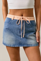 Orange Gingham Mid-Waist Denim Skirt