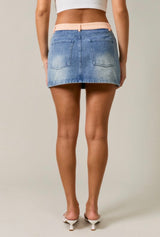 Orange Gingham Mid-Waist Denim Skirt