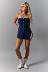 Blue Strapless Twill Romper