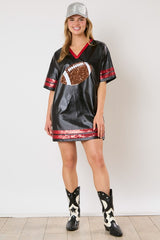 Faux leather red and black game day shirt dress