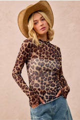 Person wearing a leopard print long-sleeve top and wide-brimmed hat on a beige background