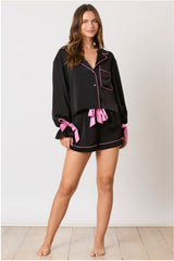 Black Satin Bow Detail Pajama Set