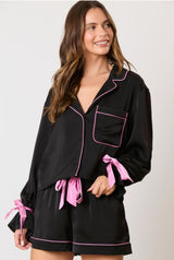 Black Satin Bow Detail Pajama Set