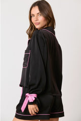 Black Satin Bow Detail Pajama Set