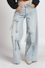 Blue bow detail jeans wide leg
