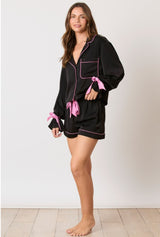Black Satin Bow Detail Pajama Set
