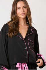 Black Satin Bow Detail Pajama Set