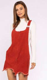 Frayed Corduroy Overall Dress - Burnt Orange - Pink Peach Boutique