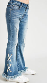Girls Lace Up Distressed Flare Jeans - Pink Peach Boutique