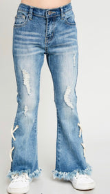 Girls Lace Up Distressed Flare Jeans - Pink Peach Boutique