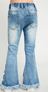 Girls Lace Up Distressed Flare Jeans - Pink Peach Boutique