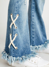 Girls Lace Up Distressed Flare Jeans - Pink Peach Boutique