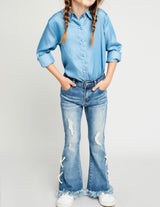 Girls Lace Up Distressed Flare Jeans - Pink Peach Boutique