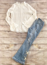 Girls White Rufffle Long Sleeve Top - Pink Peach Boutique