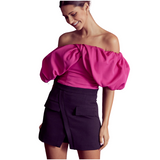 Puff Sleeve Crop Top - Pink - Pink Peach Boutique