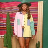 color block denim shacket - pink peach boutique