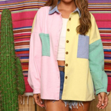 color block denim shacket - pink peach boutique
