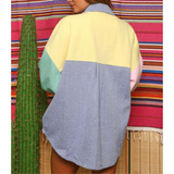 color block denim shacket - pink peach boutique