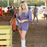 matching short set with ruffle trim on shorts and sleeves smock top pockets in shorts color plumb