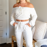 Off Shoulder Jogger Set - White - Pink Peach Boutique