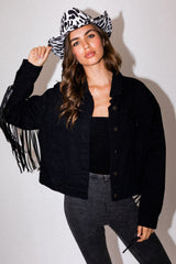 Black Fringe Denim Jacket - Pink Peach Boutique