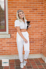 Rhinestone Jogger Set - White - Pink Peach Boutique