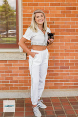 Rhinestone Jogger Set - White - Pink Peach Boutique