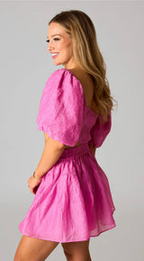 buddy love pink cutie matching set puff sleeves with front pleats mathcing skirt - pink peach boutique