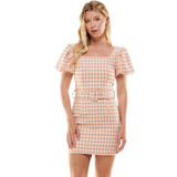 Puff Sleeve Gingham Tweed Dress - Orange - Shop Amour Boutique