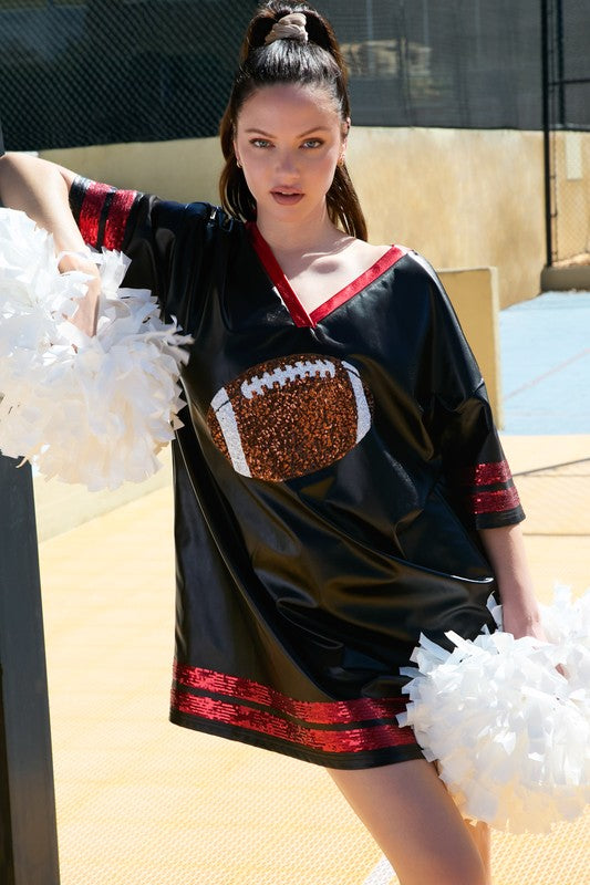 Faux leather red and black game day shirt dress 