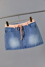 Orange Gingham Mid-Waist Denim Skirt