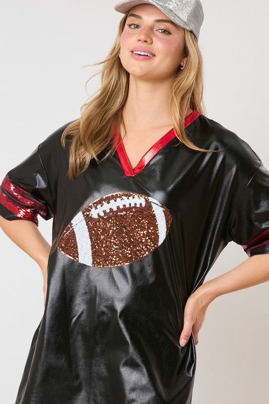 Faux leather red and black game day shirt dress 