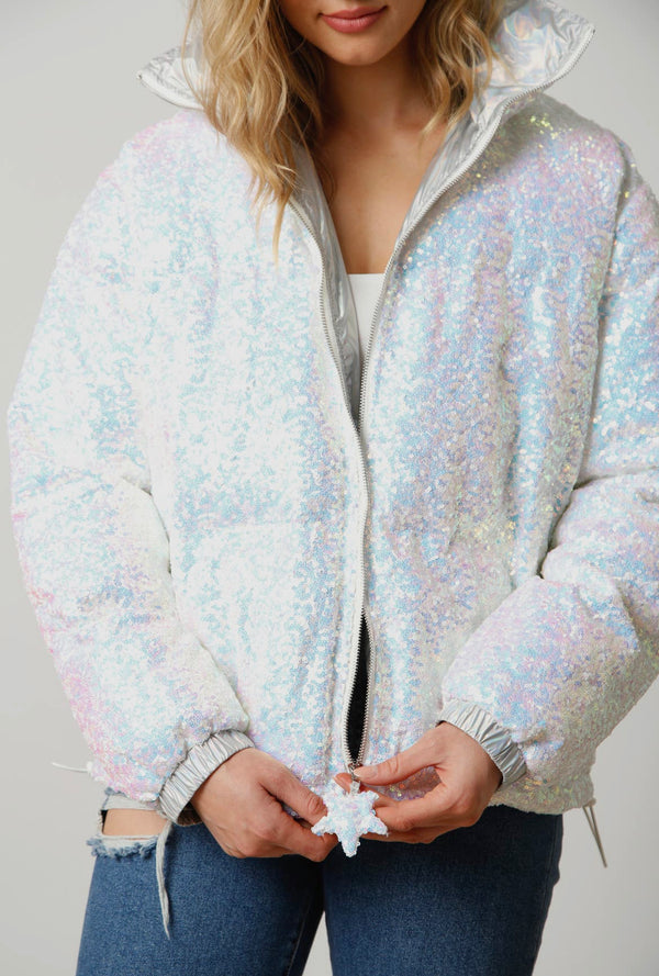 Sequin Puffer Jacket - White - Shop Amour Boutique