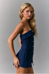 Blue Strapless Twill Romper