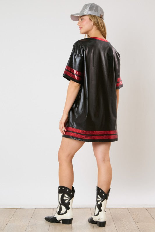 Faux leather red and black game day shirt dress 