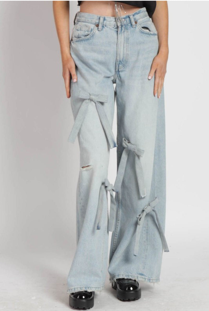 Blue bow detail wide leg denim jeans