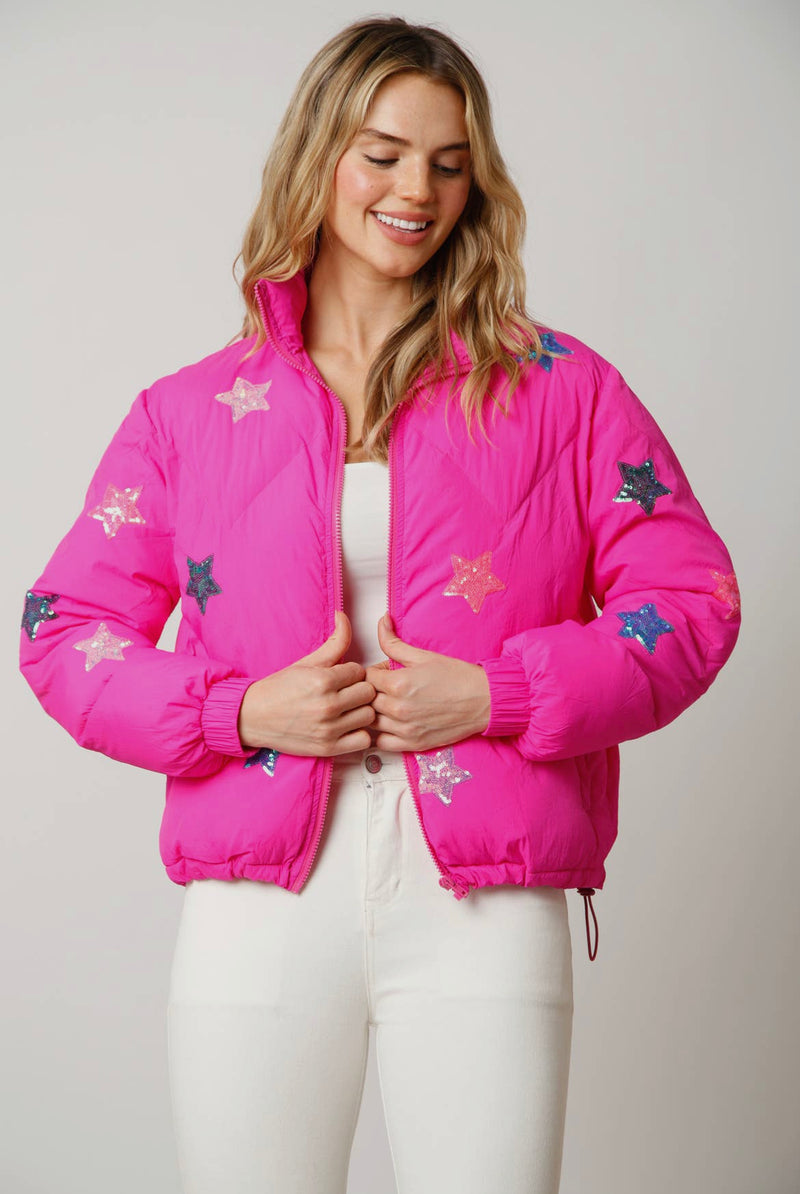 Pink Sequin Star Puff Jacket - Shop Amour Boutique