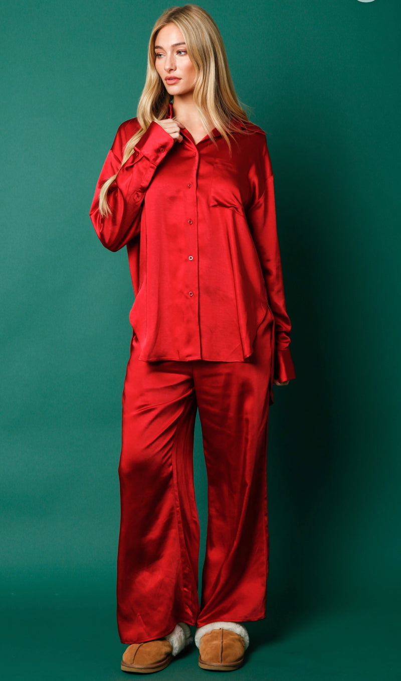 Red Satin Pajama Set - Shop Amour Boutique
