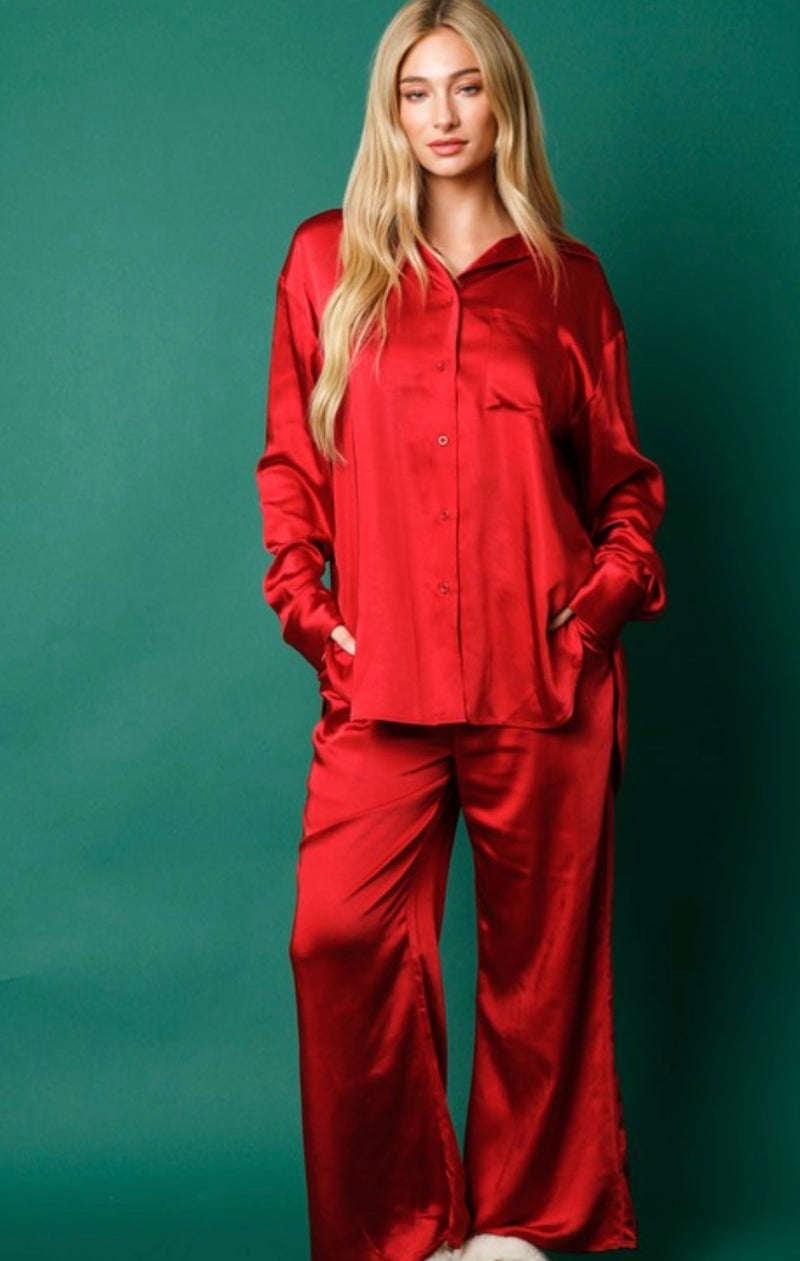 Red Satin Pajama Set - Shop Amour Boutique