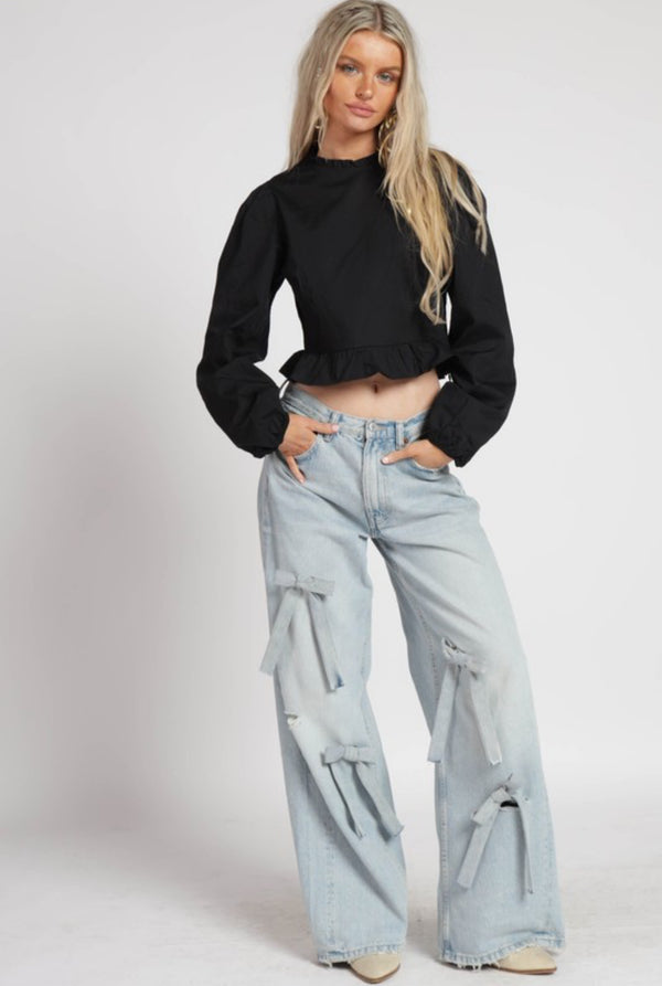 Blue bow detail wide leg denim jeans