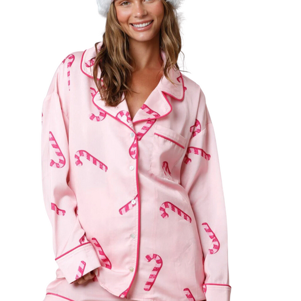 Candy Cane Satin Pajama Set - Pink - Shop Amour Boutique