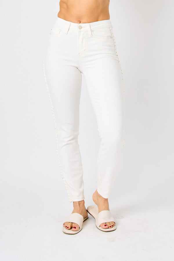 Judy Blue Mid Rise Braided Detail Relaxed Fit Jeans - Shop Amour Boutique