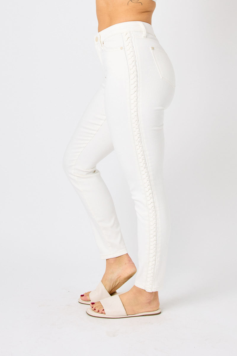 Judy Blue Mid Rise Braided Detail Relaxed Fit Jeans - Shop Amour Boutique