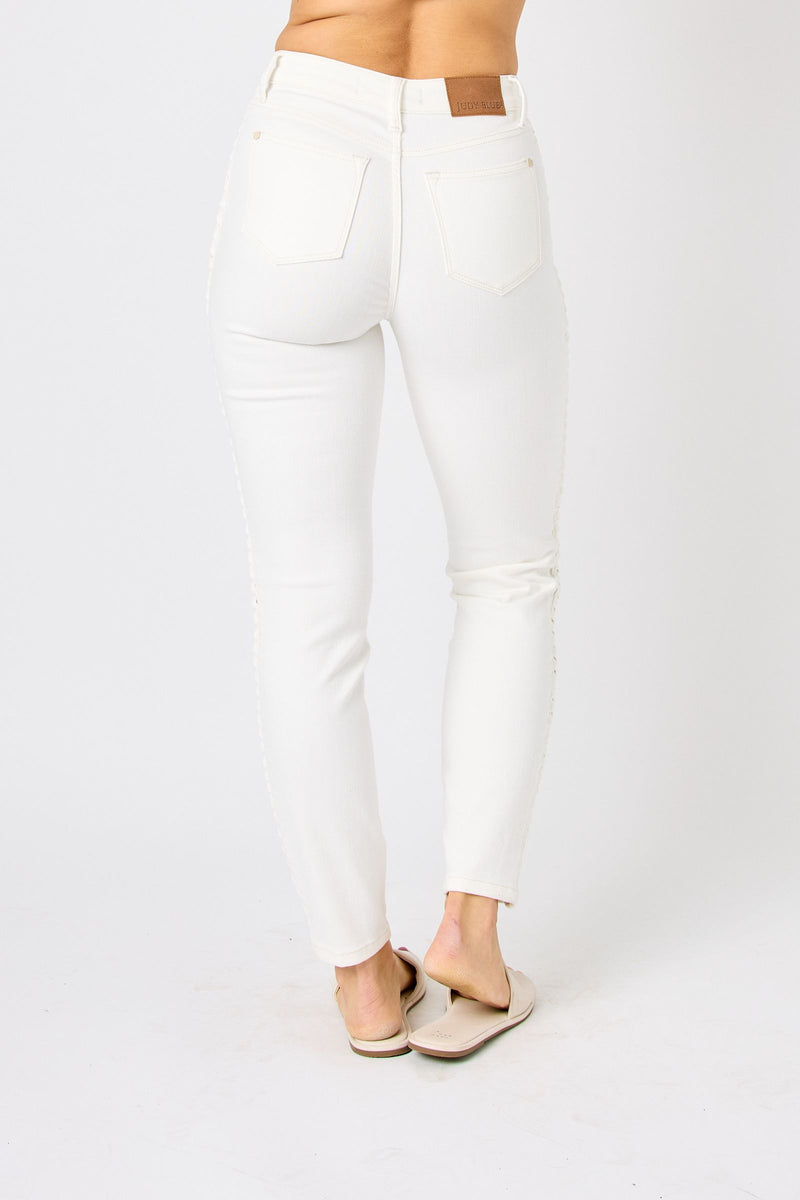 Judy Blue Mid Rise Braided Detail Relaxed Fit Jeans - Shop Amour Boutique