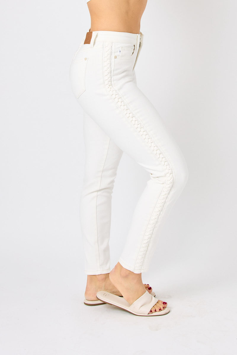 Judy Blue Mid Rise Braided Detail Relaxed Fit Jeans - Shop Amour Boutique