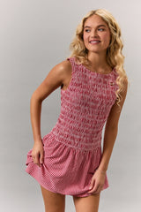 Red Gingham Smocked Romper Dress
