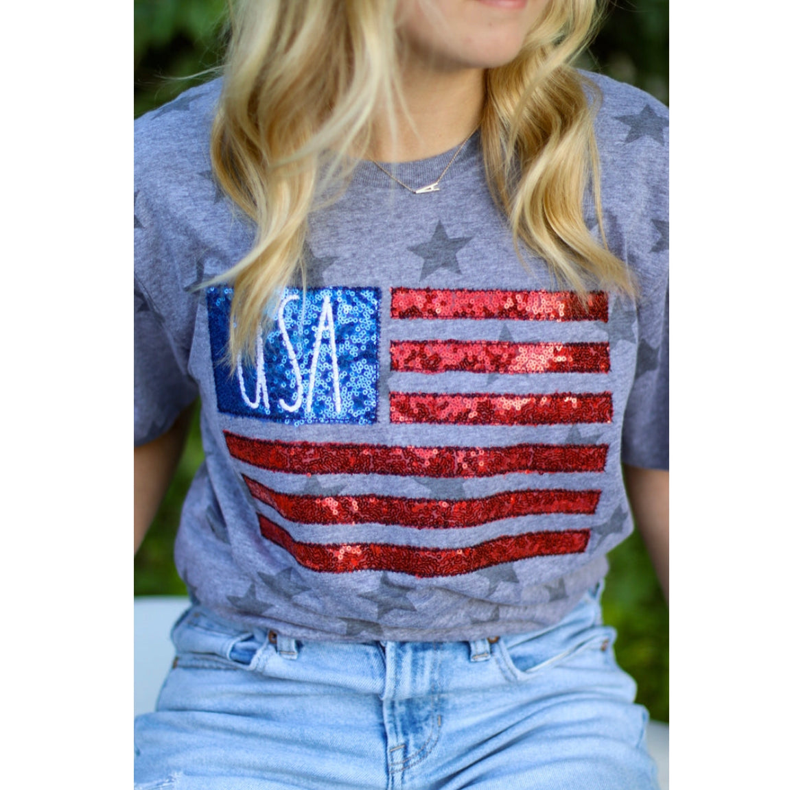 Sequin US Flag Round Neck Tank