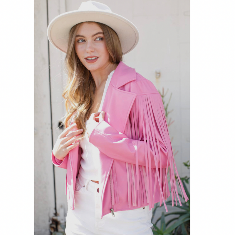 Pink Fringe Faux Leather Jacket - Shop Amour Boutique