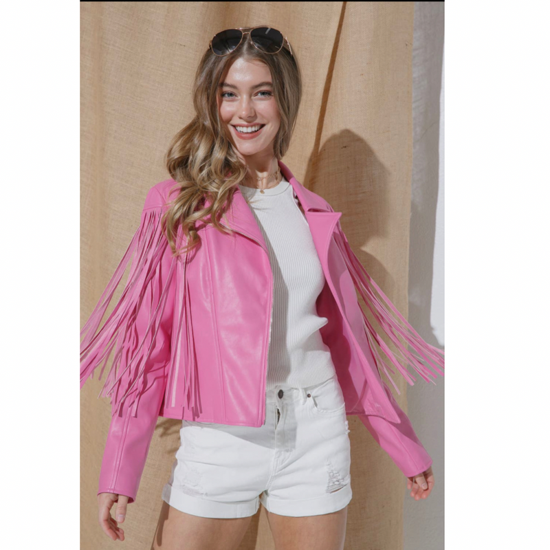 Pink Fringe Faux Leather Jacket - Shop Amour Boutique